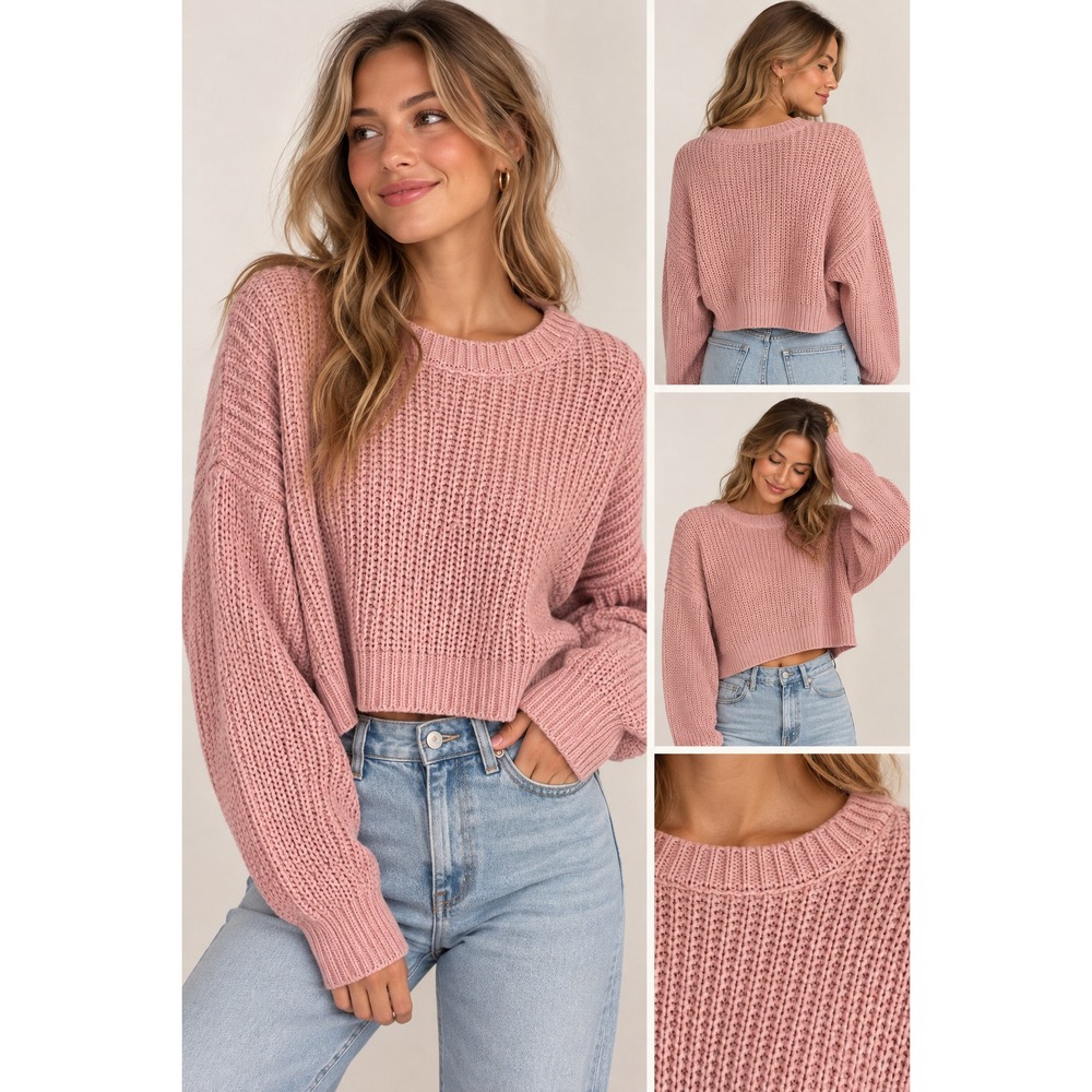 Urban Outfitters Pink Chunky Knit Sweater M Cropped Oversized Coquette Preppy